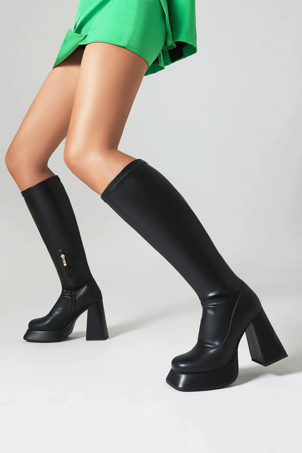 Sleek Black High Heel Knee High Boots with Chunky Block Heel and Side Zipper