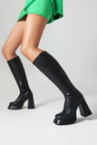 Sleek Black High Heel Knee High Boots with Chunky Block Heel and Side Zipper