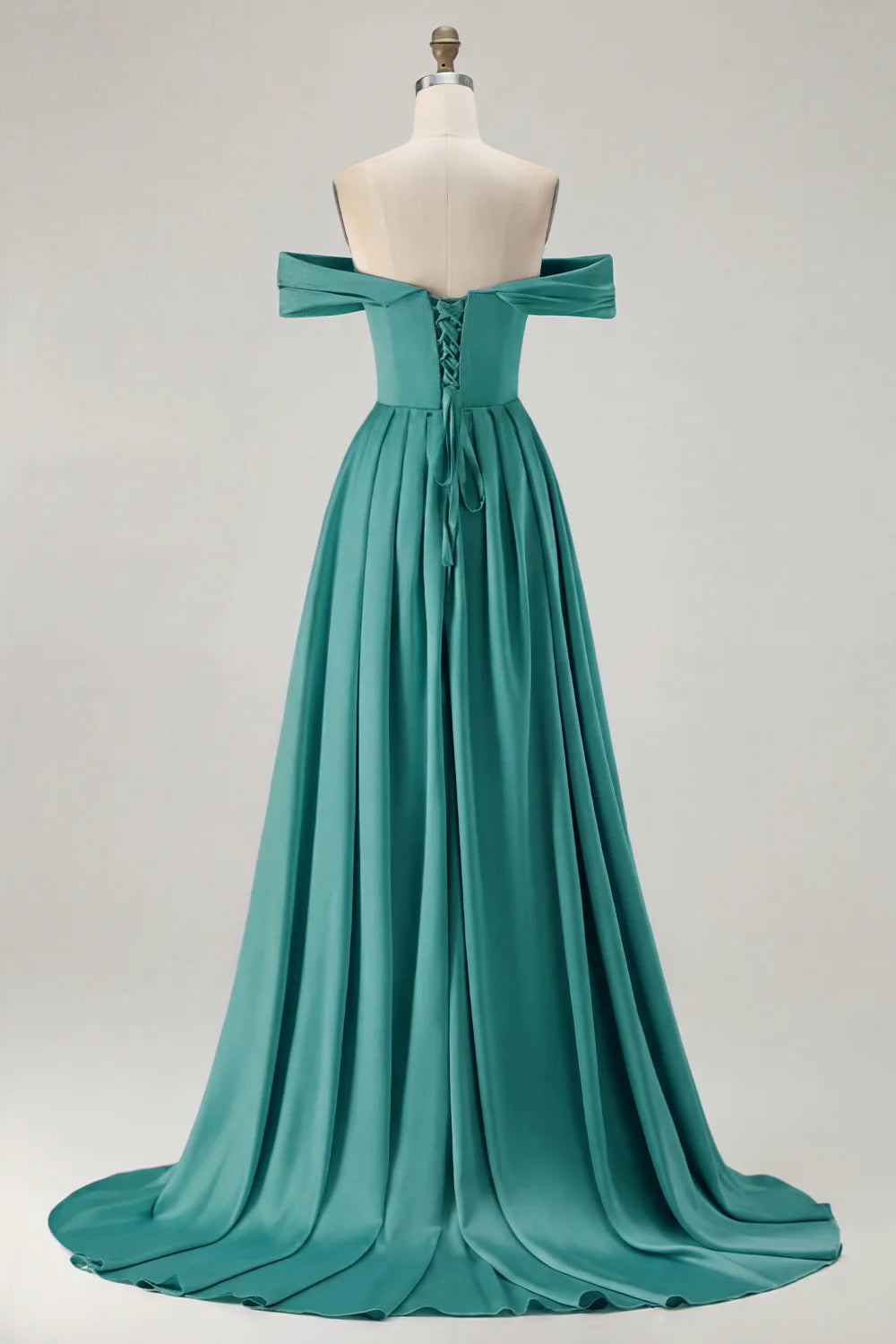 Off the Shoulder A Line Blue Satin Long Bridesmaid Dress with Slit