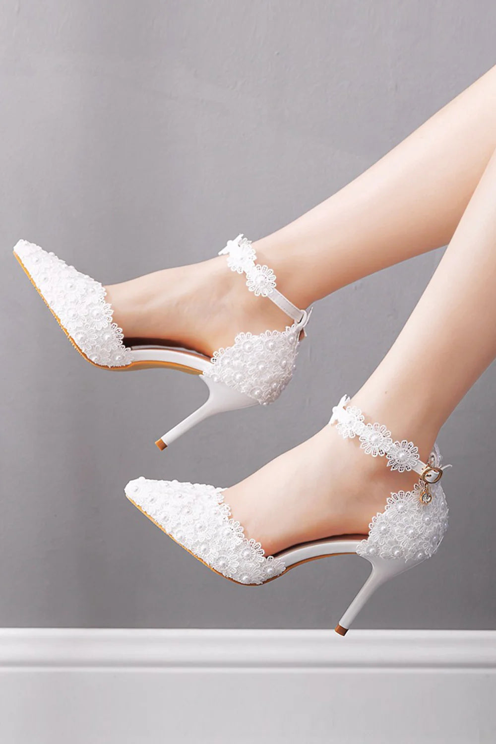White Pointed Toe High Heels Sandals Lace Pearl Bridal Shoes
