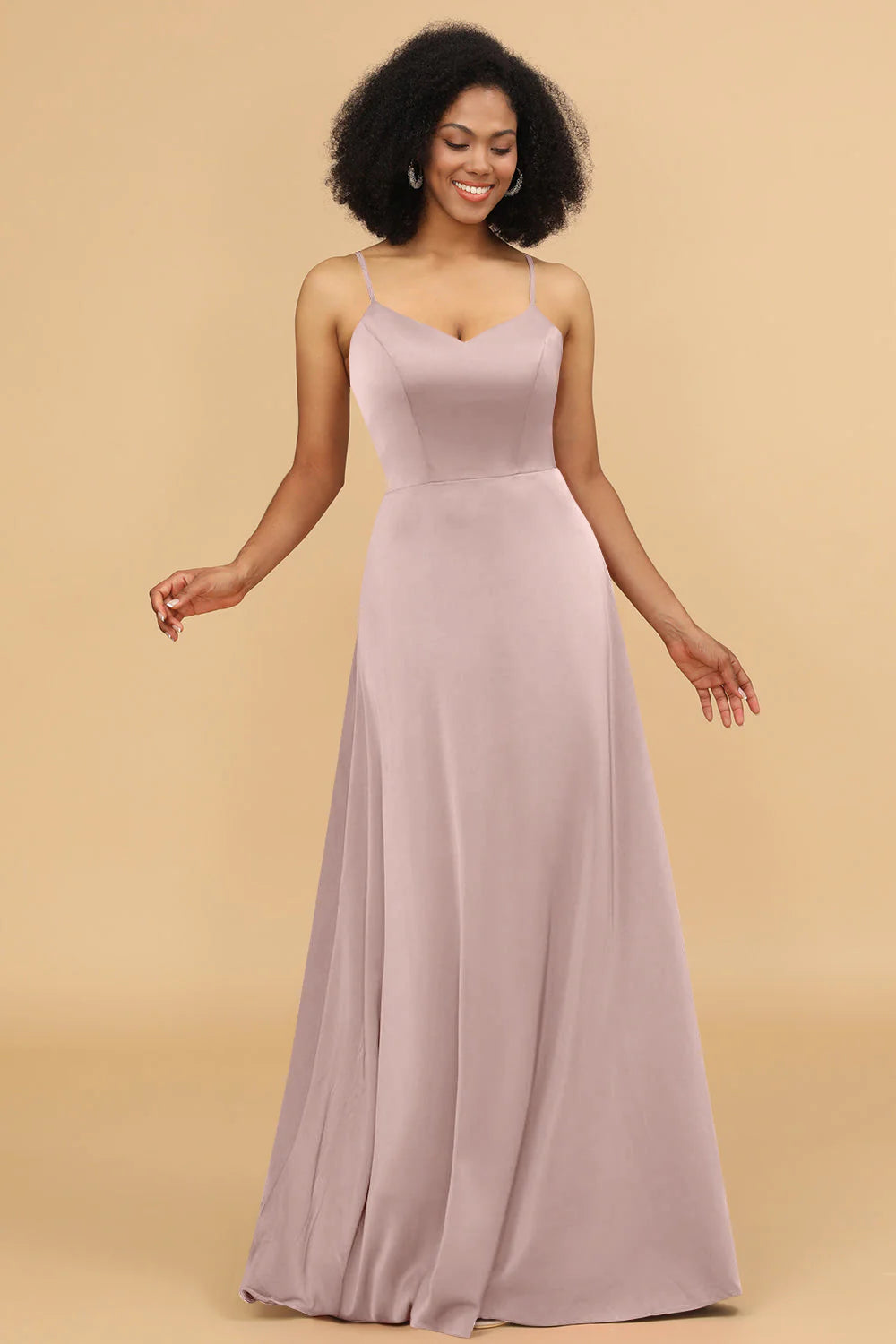 A Line Spaghetti Straps Floor Length Satin Bridesmaid Dress
