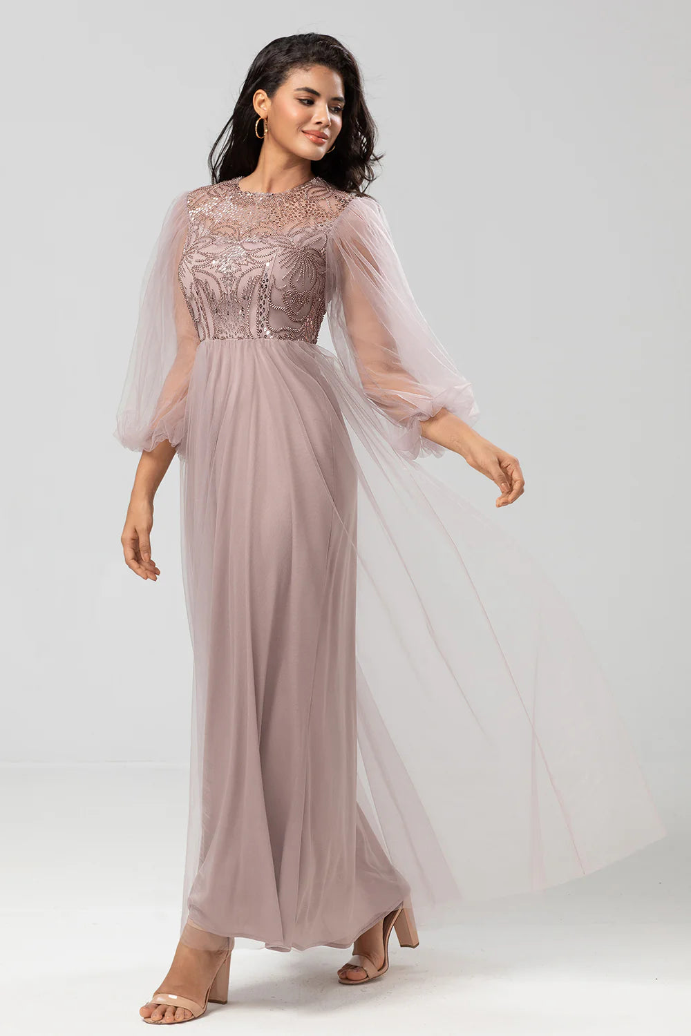 A Line Tulle Beaded Dusty Blue Bridesmaid Dress With Long Sleeves