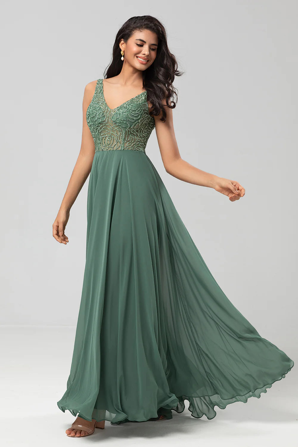 A Line Beaded Eucalyptus Long Bridesmaid Dress