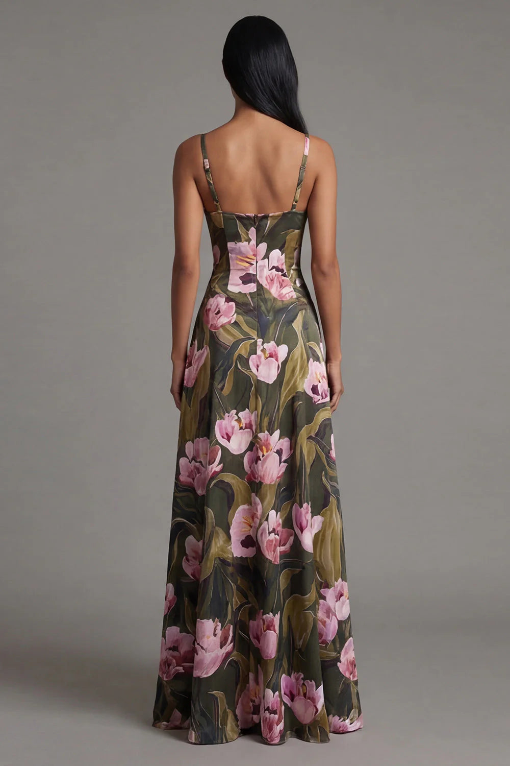 Floral A Line Printed Spaghetti Straps Olive Maxi Formal Dress