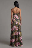 Floral A Line Printed Spaghetti Straps Olive Maxi Formal Dress