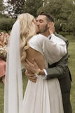A Line Long Sleeves Satin Wedding Dresses with V Neck