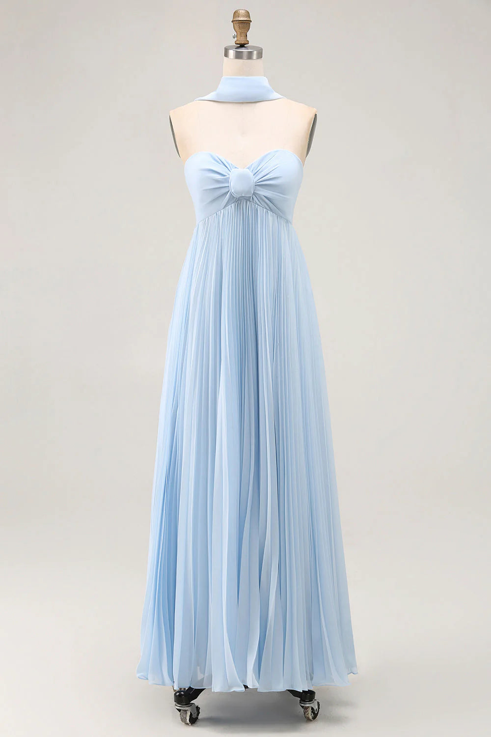 Sky Blue A Line Strapless Pleated Chiffon Long Convertible Dress
