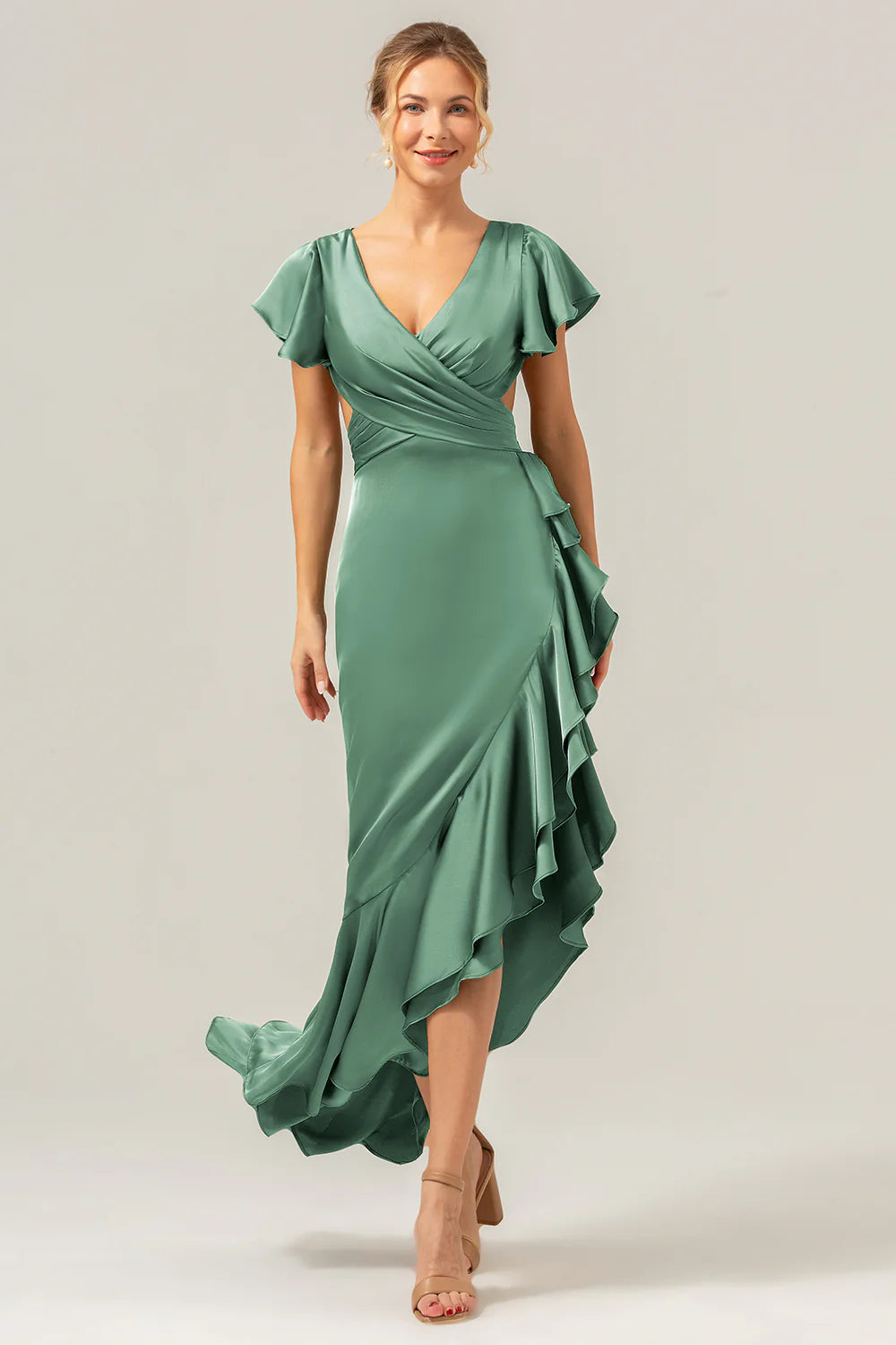 A Line V Neck Asymmetrical Dark Green Bridesmaid Dress with Ruffle Slit