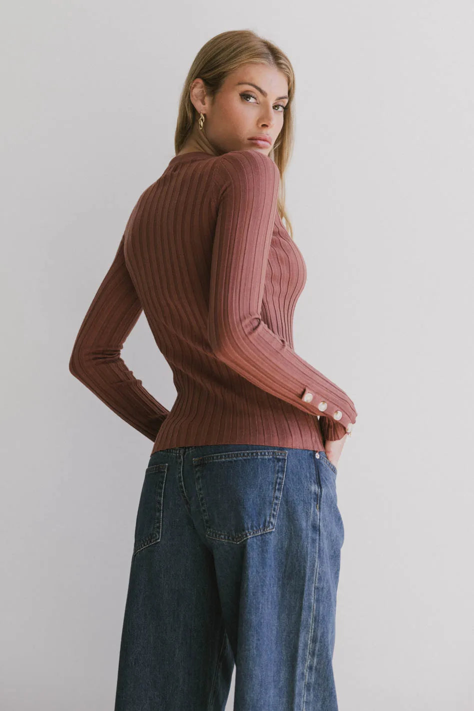 Lonnie Button Sleeve Sweater in Brown FINAL SALE