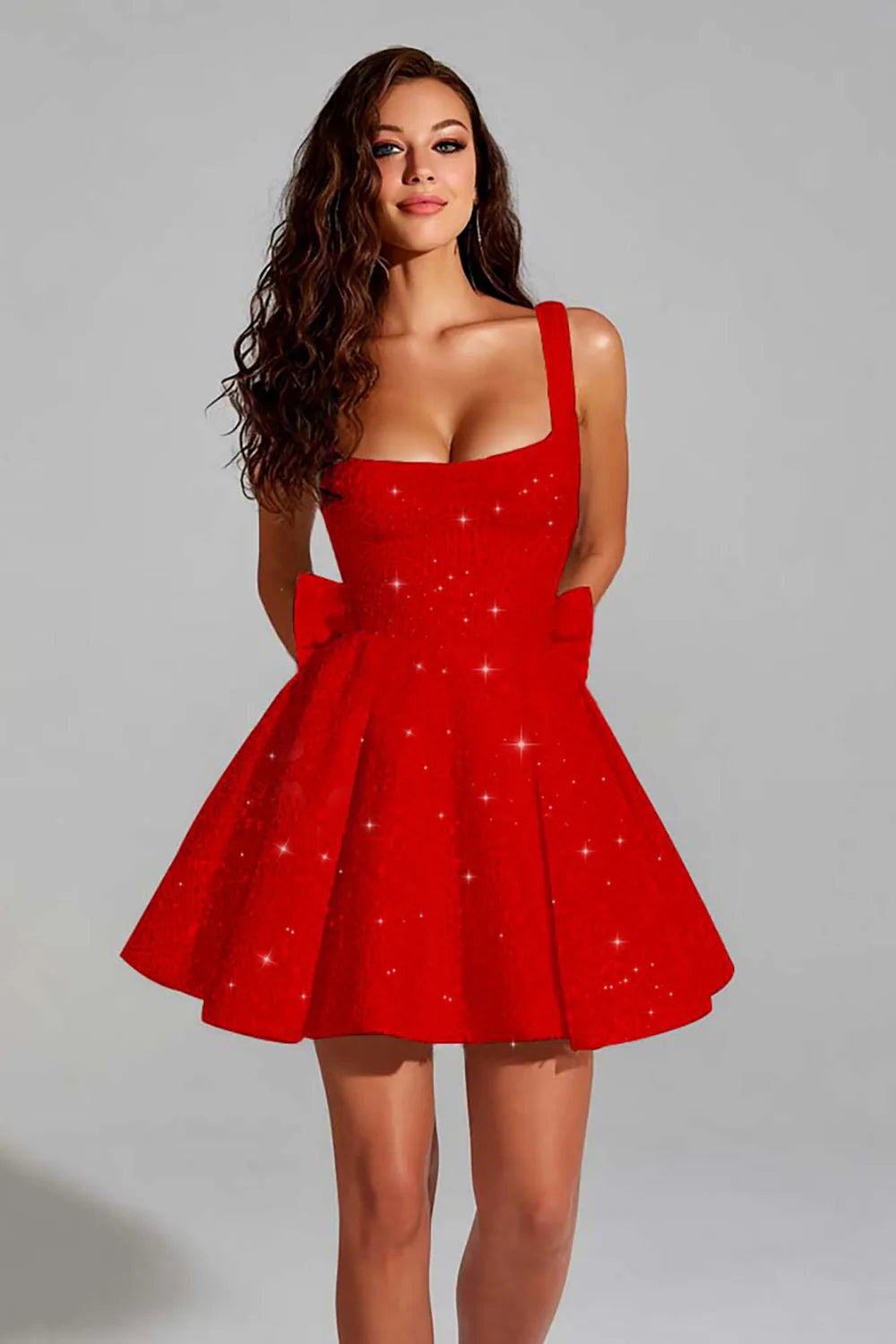 Sparkly Black A Line Square Neck Homecoming Dress with Bow