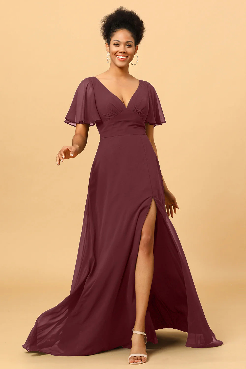 A Line V Neck Long Chiffon Bridesmaid Dress with Slit