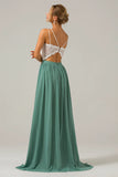 Eucalyptus A Line Spaghetti Straps Pleated Long Bridesmaid Dress With Lace