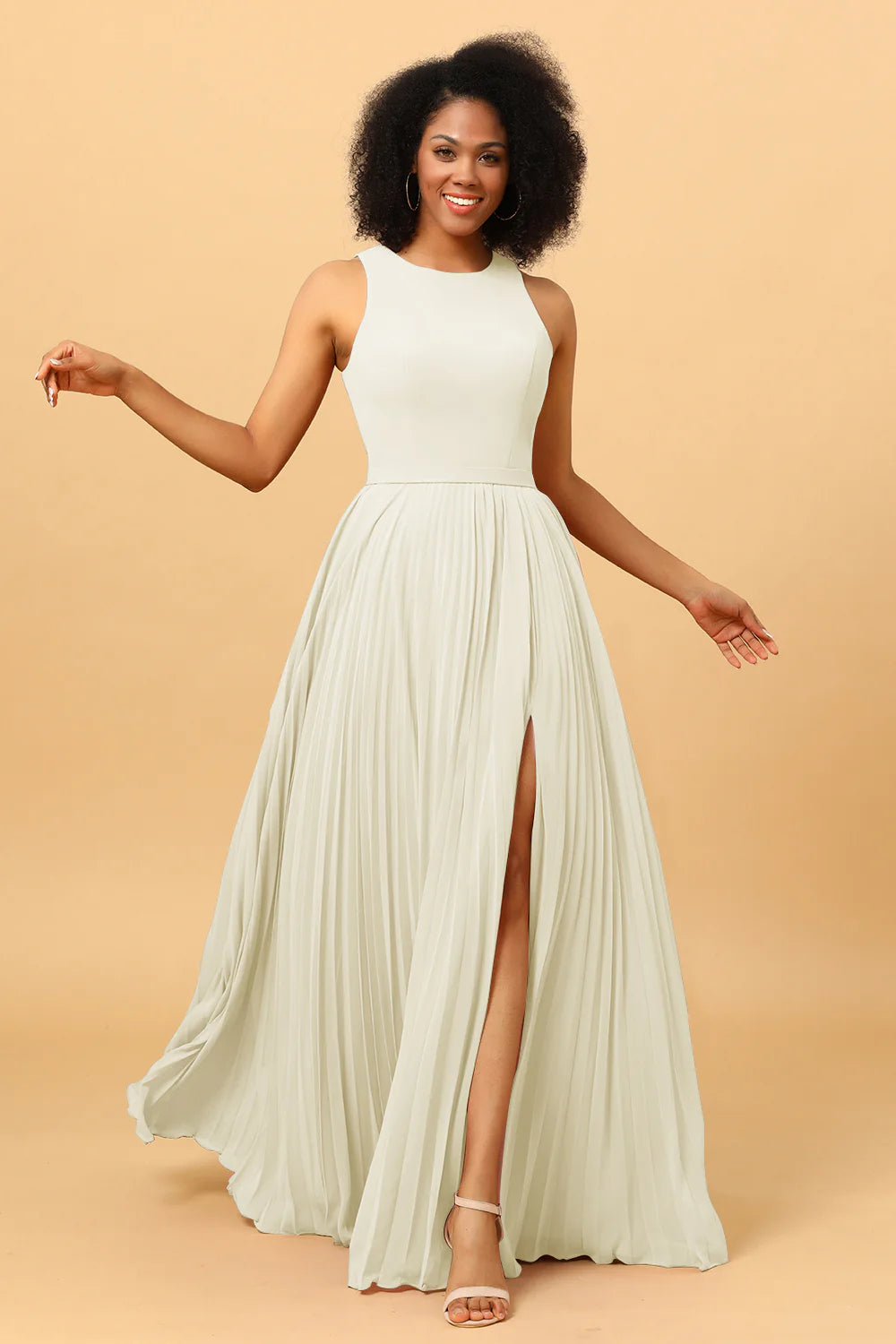 A Line Pleated Long Chiffon Bridesmaid Dress with Ruffles