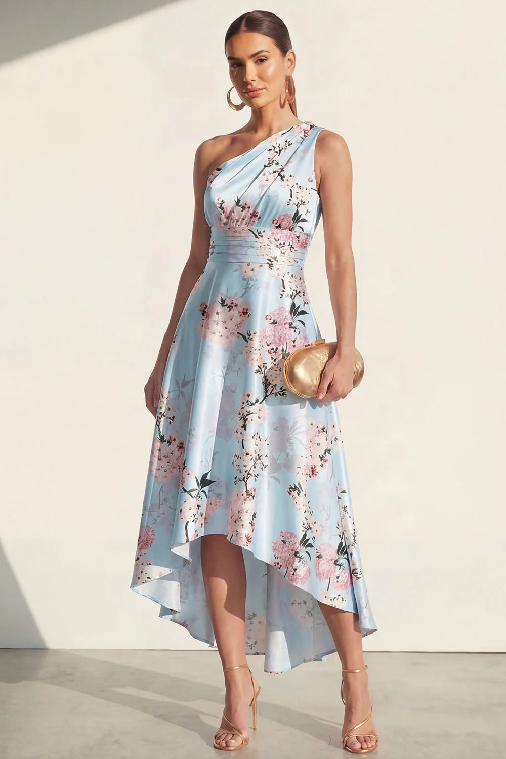 One Shoulder Ruched A Line Pink Printed Wedding Guest Dress