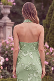 Halter Sage Mermaid Floral Wedding Guest Dress with Scarf
