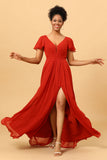 Rust Red A Line Long Chiffon Bridesmaid Dress with Slit