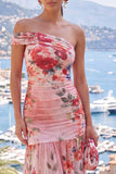 One Shoulder Pink Red Flower Ruched Wedding Guest Dress