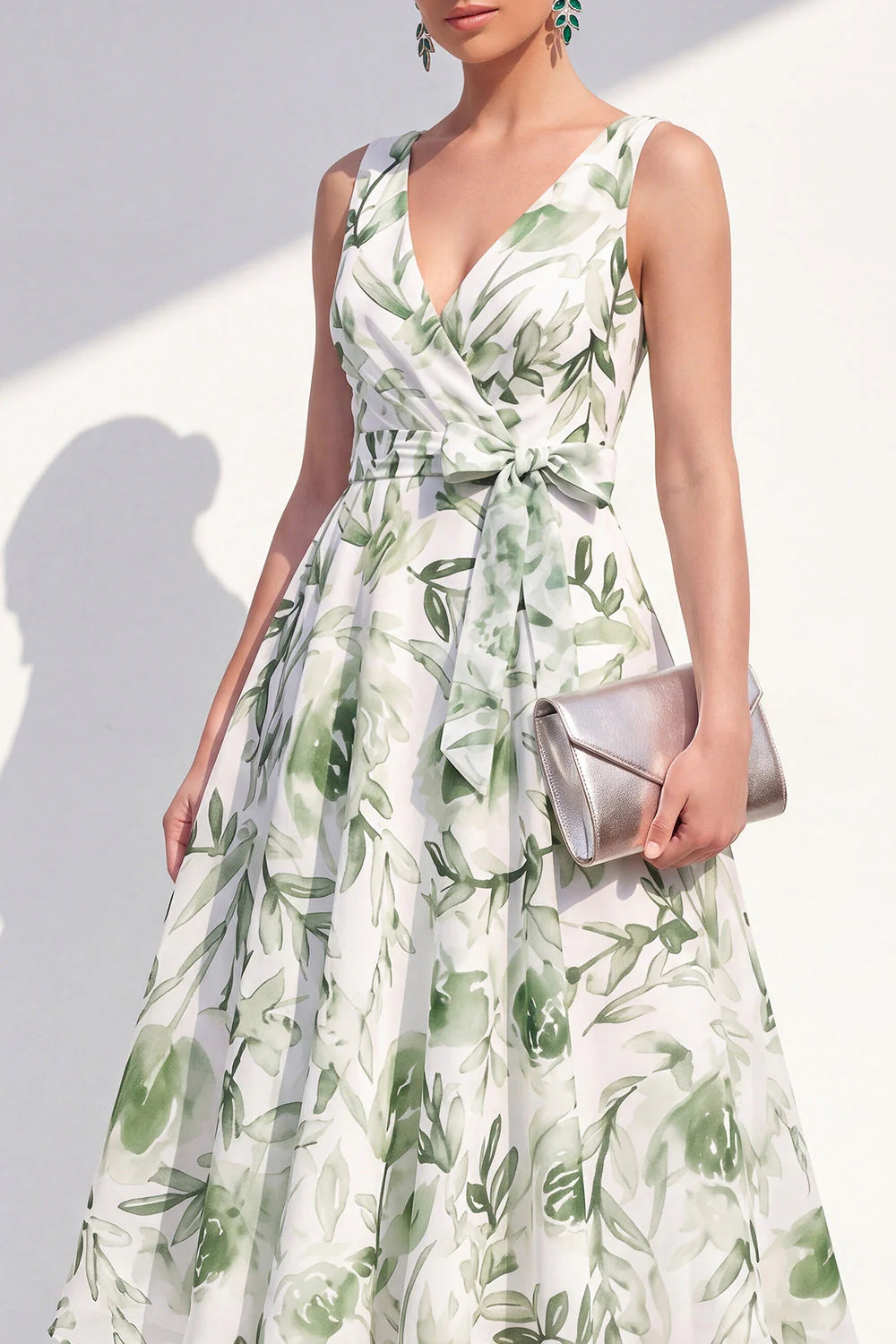 Purple Flower A Line V Neck Wedding Guest Dress with Belt