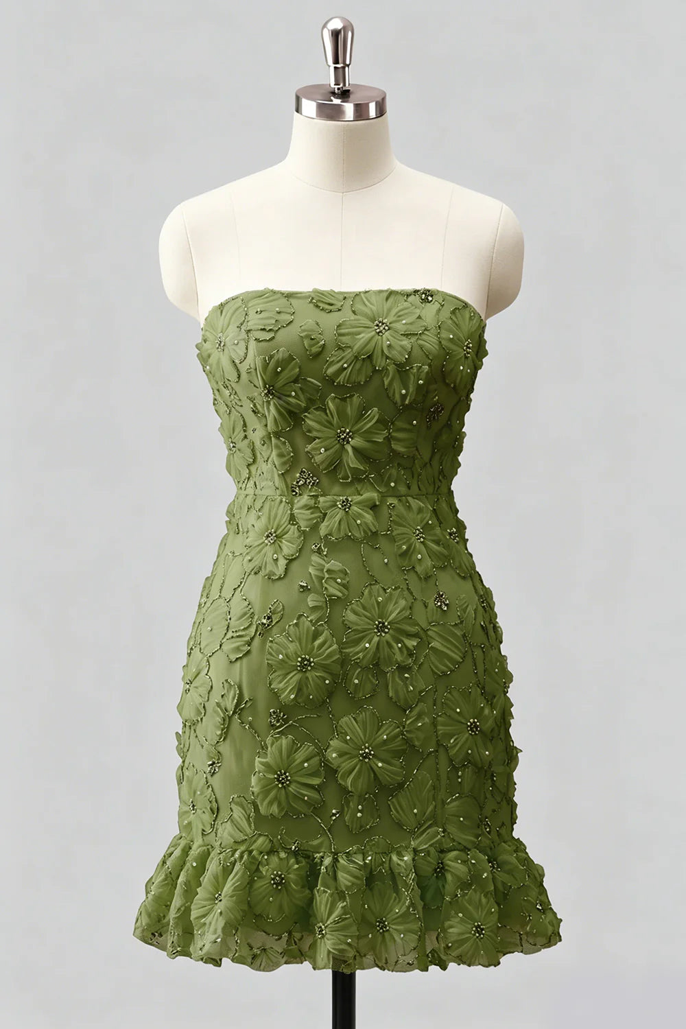 Light Blue Strapless Bodycon Beaded Short Homecoming Dress with 3D Flowers