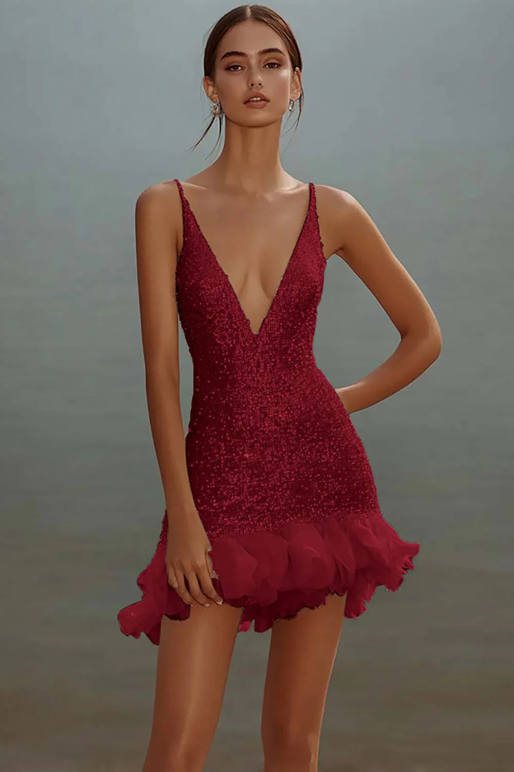 Sparkly White Sequins V Neck Mini Graduation Dress with Ruffles