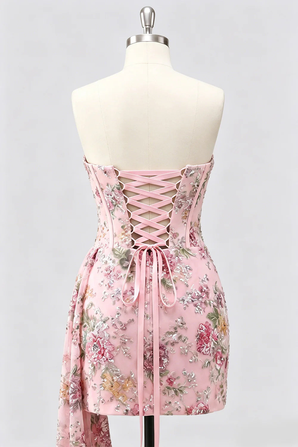 Strapless Pink Bodycon Corset Floral Sequin Homecoming Dress with Sash
