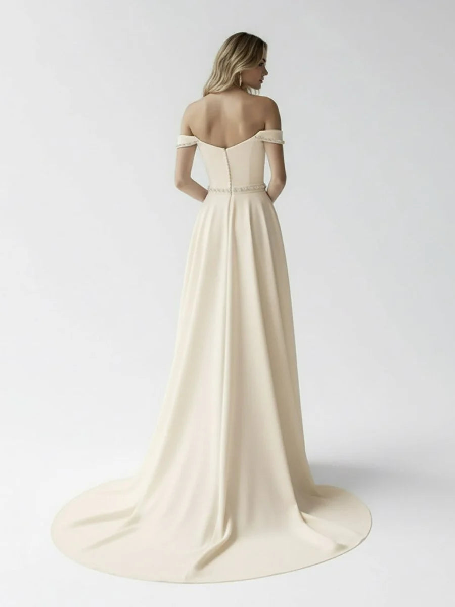 A Line Off the Shoulder Beaded Wedding Dress