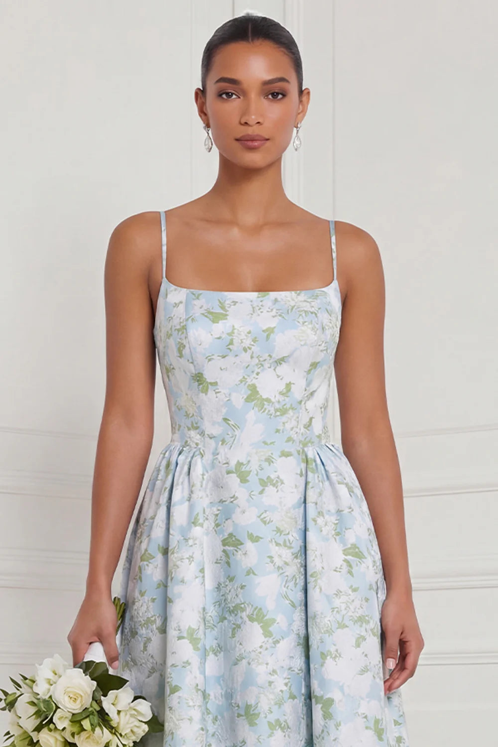 Floral Printed Blue White A Line Long Bridesmaid Dress