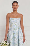 Floral Printed Blue White A Line Long Bridesmaid Dress