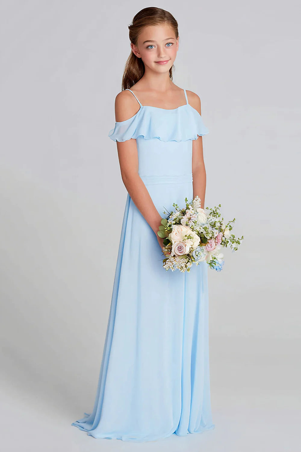 Sky Blue Chiffon A Line Cold Shoulder Junior Bridesmaid Dress