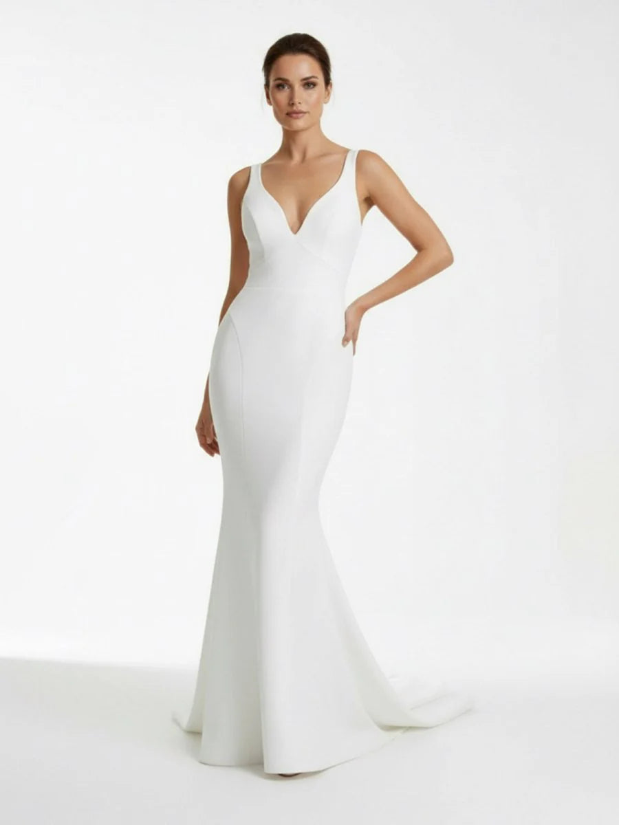 Ivory Plunge V Open Back Mermaid Long Wedding Dress