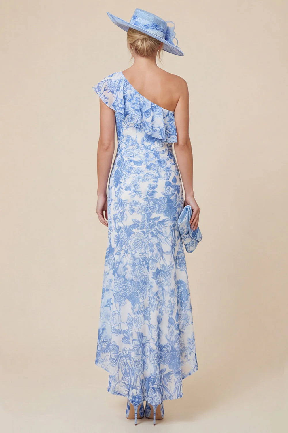 One Shoulder Light Blue Ruffle Floral Mother of the Bride Dress with Slit