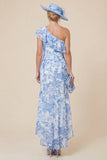 One Shoulder Light Blue Ruffle Floral Mother of the Bride Dress with Slit