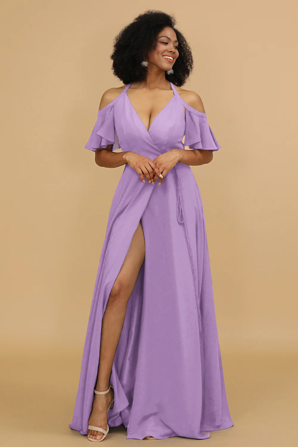 A Line Halter Cold Shoulder Chiffon Bridesmaid Dress with Slit