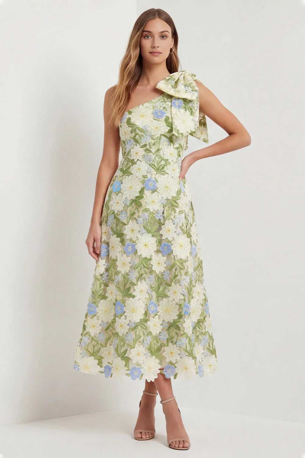 One Shoulder Sage Floral Wedding Guest Dress with Bow