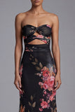 Strapless Mermaid Ruched Black Cut Out Floral Formal Dress