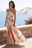 Strapless Ruched A Line Ivory Floral Wedding Guest Dress with Scarf