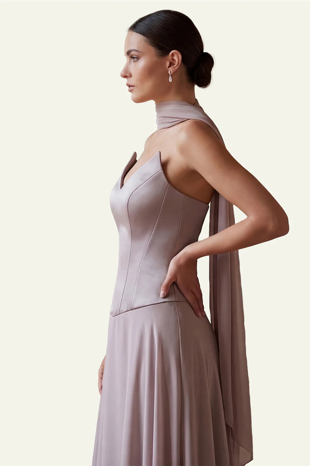 Strapless Dusk A Line Corset Long Bridesmaid Dress with Streamer