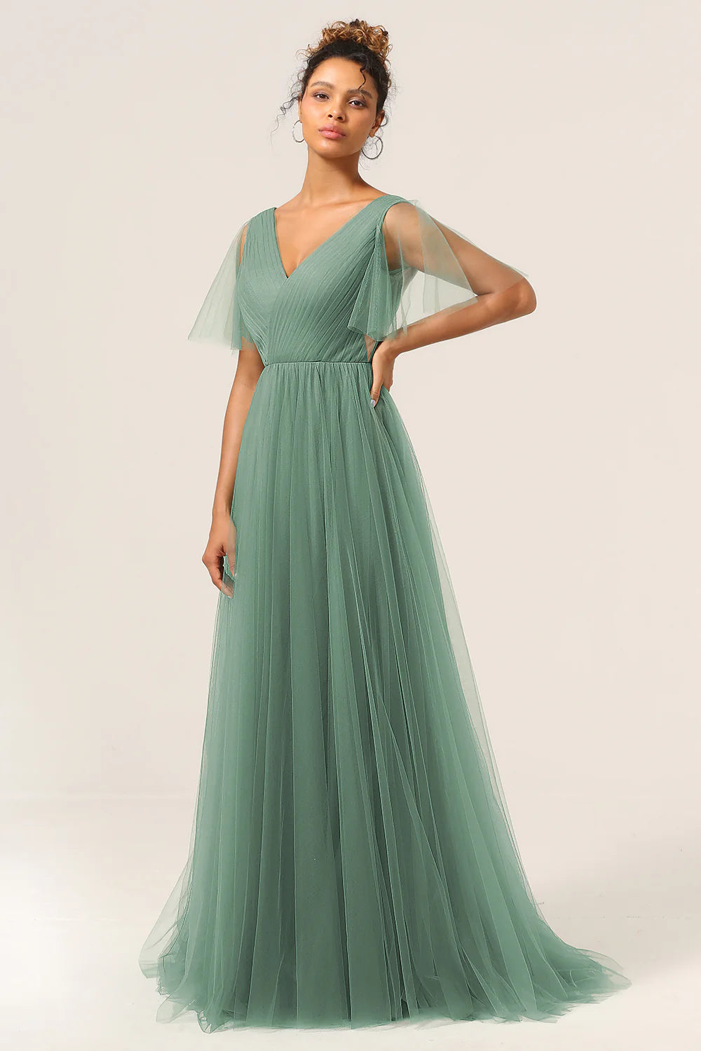 Eucalyptus A Line V Neck Open Back Floor Length Tulle Bridesmaid Dress