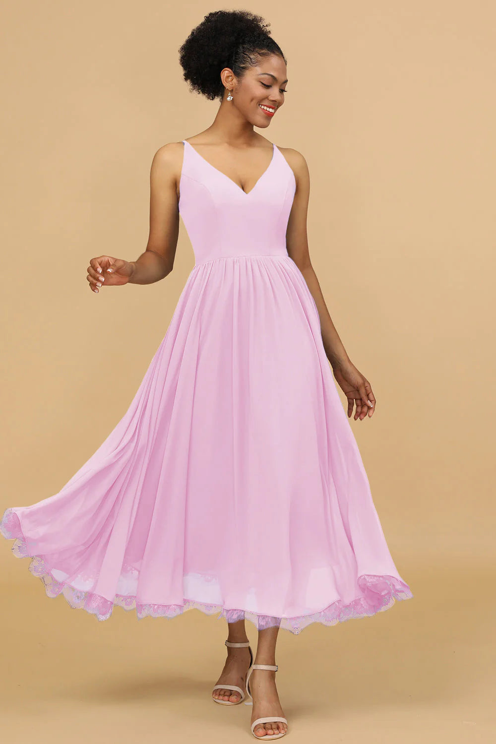 A Line Spaghetti Straps Long Chiffon Bridesmaid Dress with Ruffles