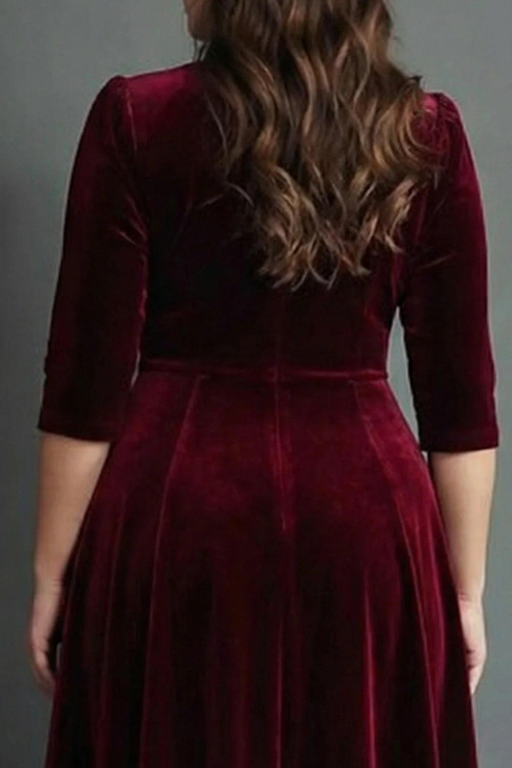 Burgundy A Line V Neck Midi Plus Size Velvet Dress with Half Sleeves