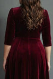 Burgundy A Line V Neck Midi Plus Size Velvet Dress with Half Sleeves