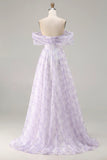 Lilac Off The Shoulder A Line Corset Print Floral Long Prom Dress with Slit
