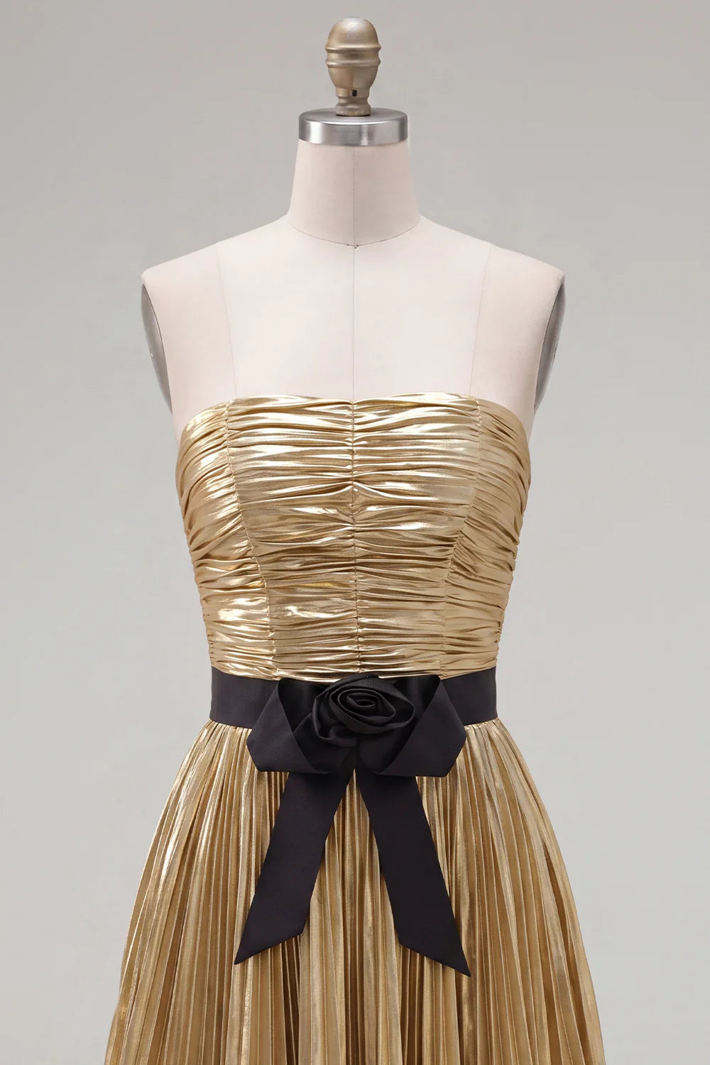 Metallic Golden Pleated A Line Strapless Homecoming Dress