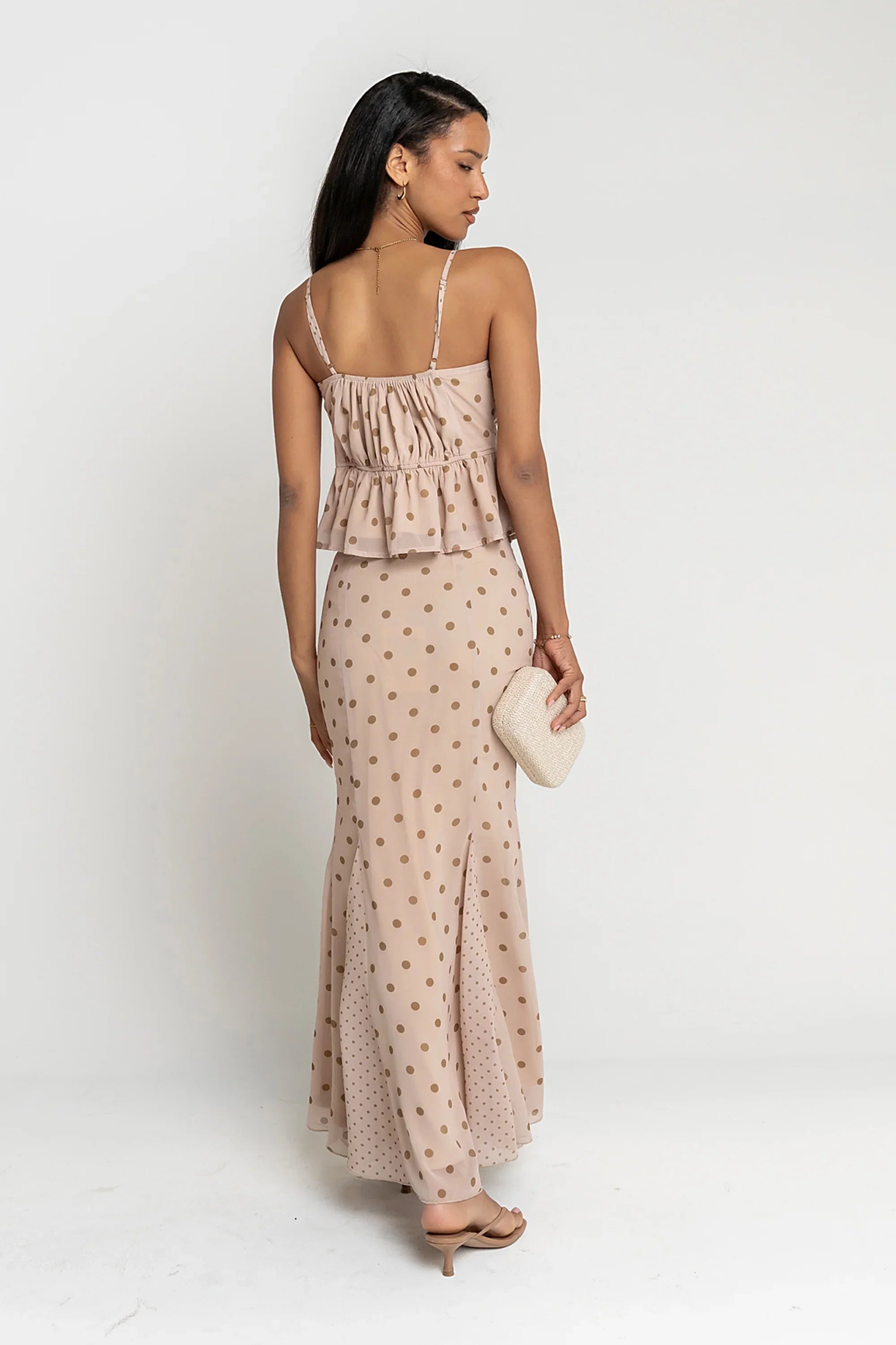 Freida Polka Dot Maxi Skirt in Taupe