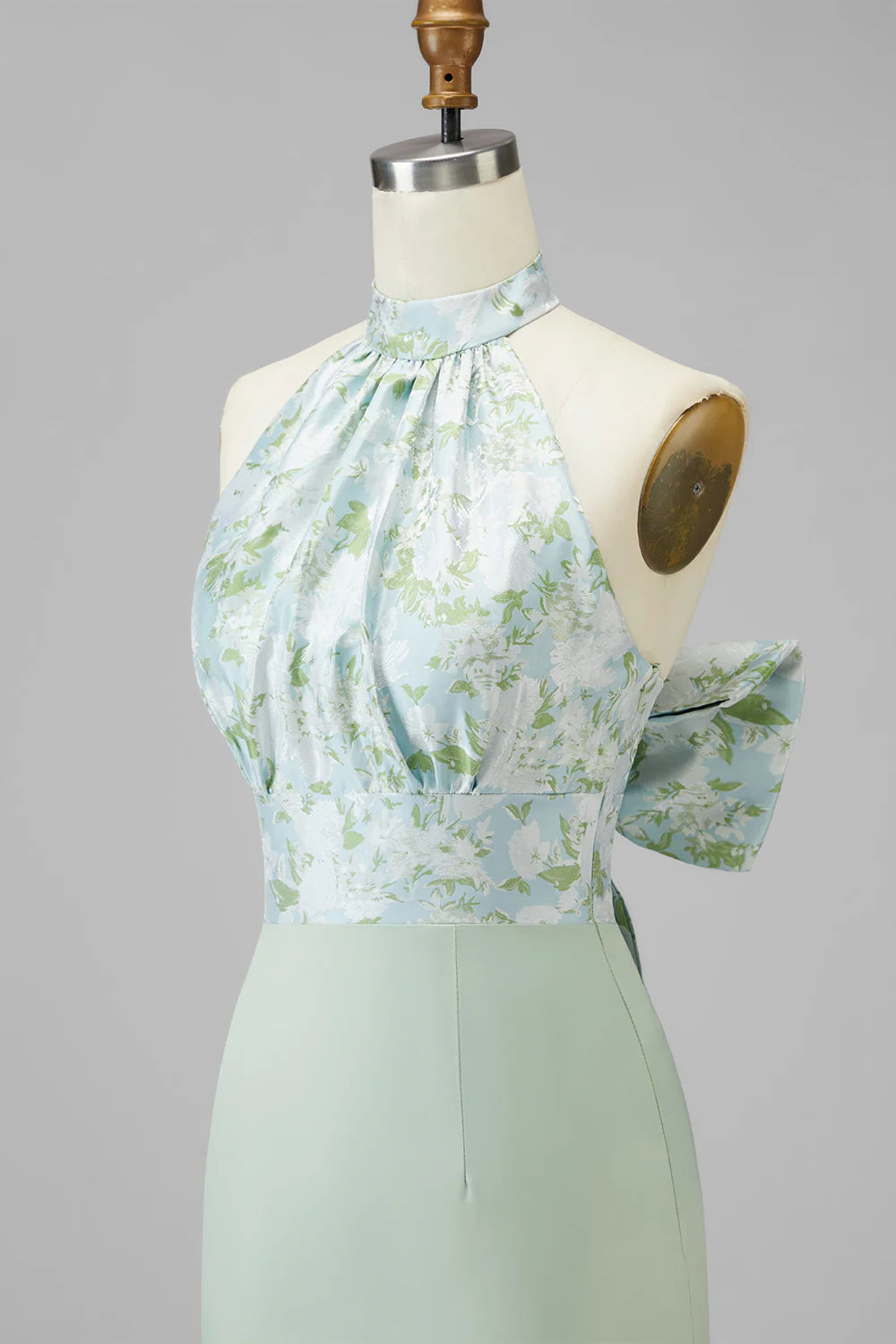 Green Printed Mermaid Halter Satin Bridesmaid Dress with Bow