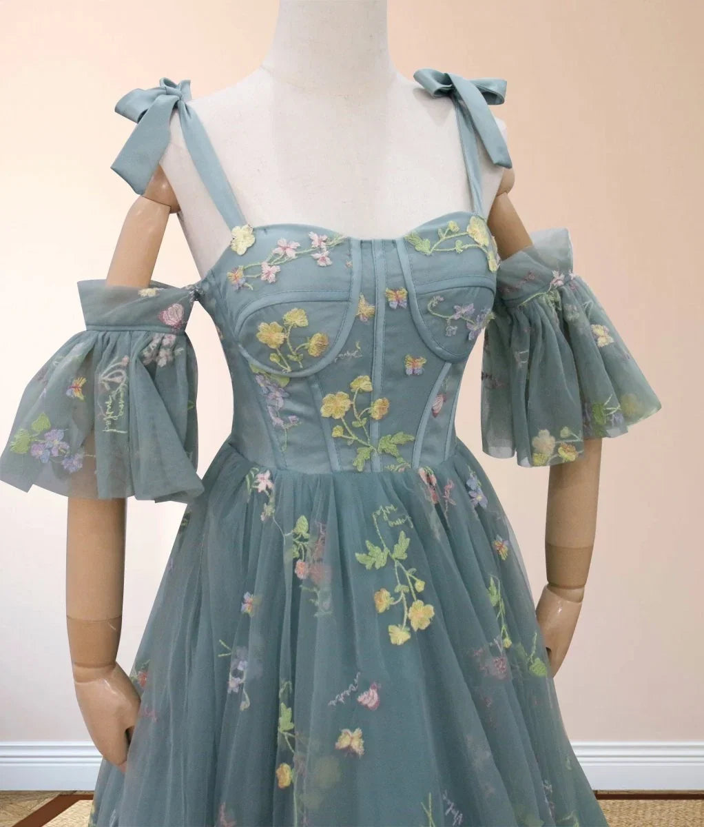 Boho A Line Tulle Off the Shoulder Floor Length 3D Yellow Embroidery Floral Quinceanera Dress with Petticoat