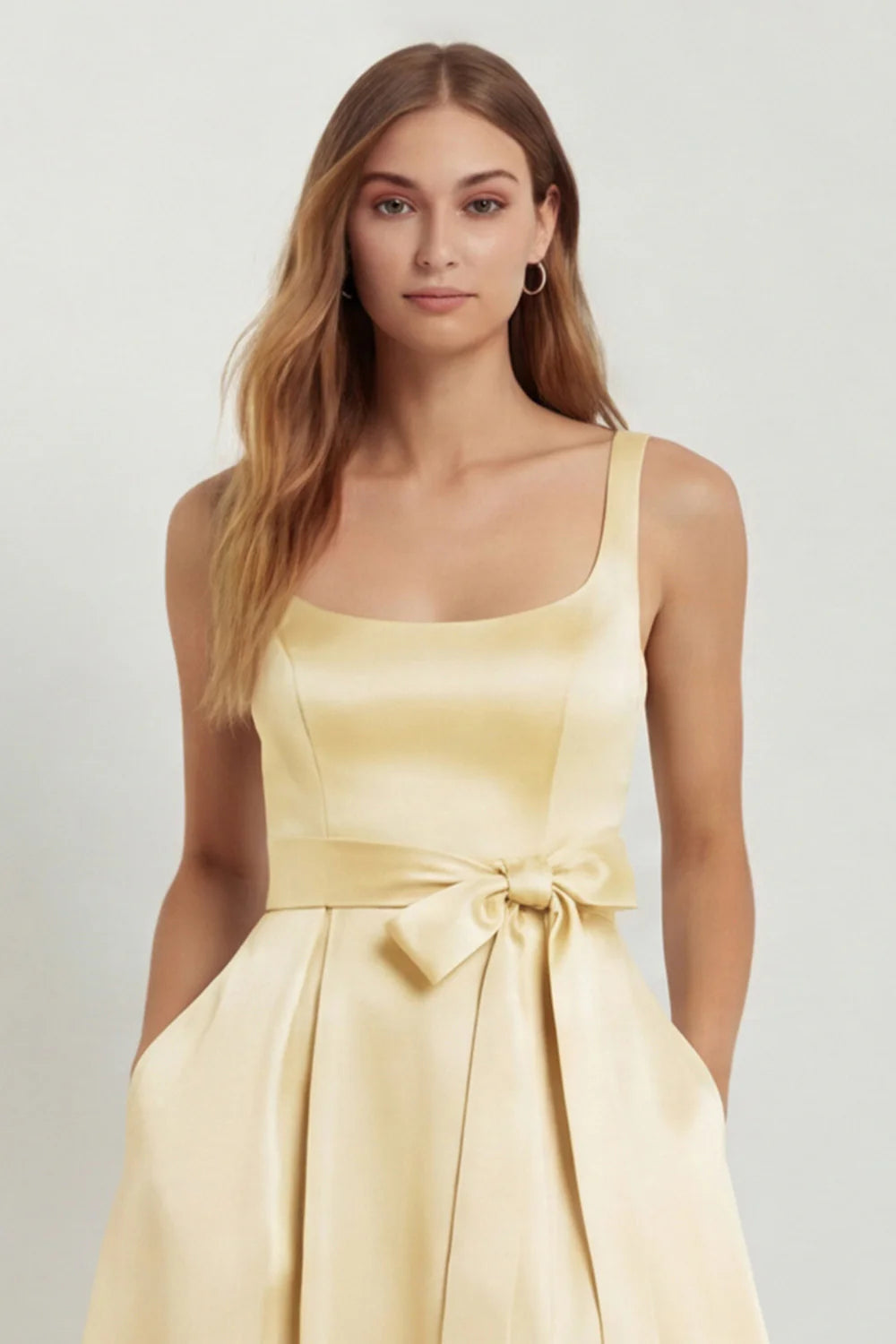 Light Blue A Line Square Neck Bow Satin Long Bridesmaid Dress with Slit