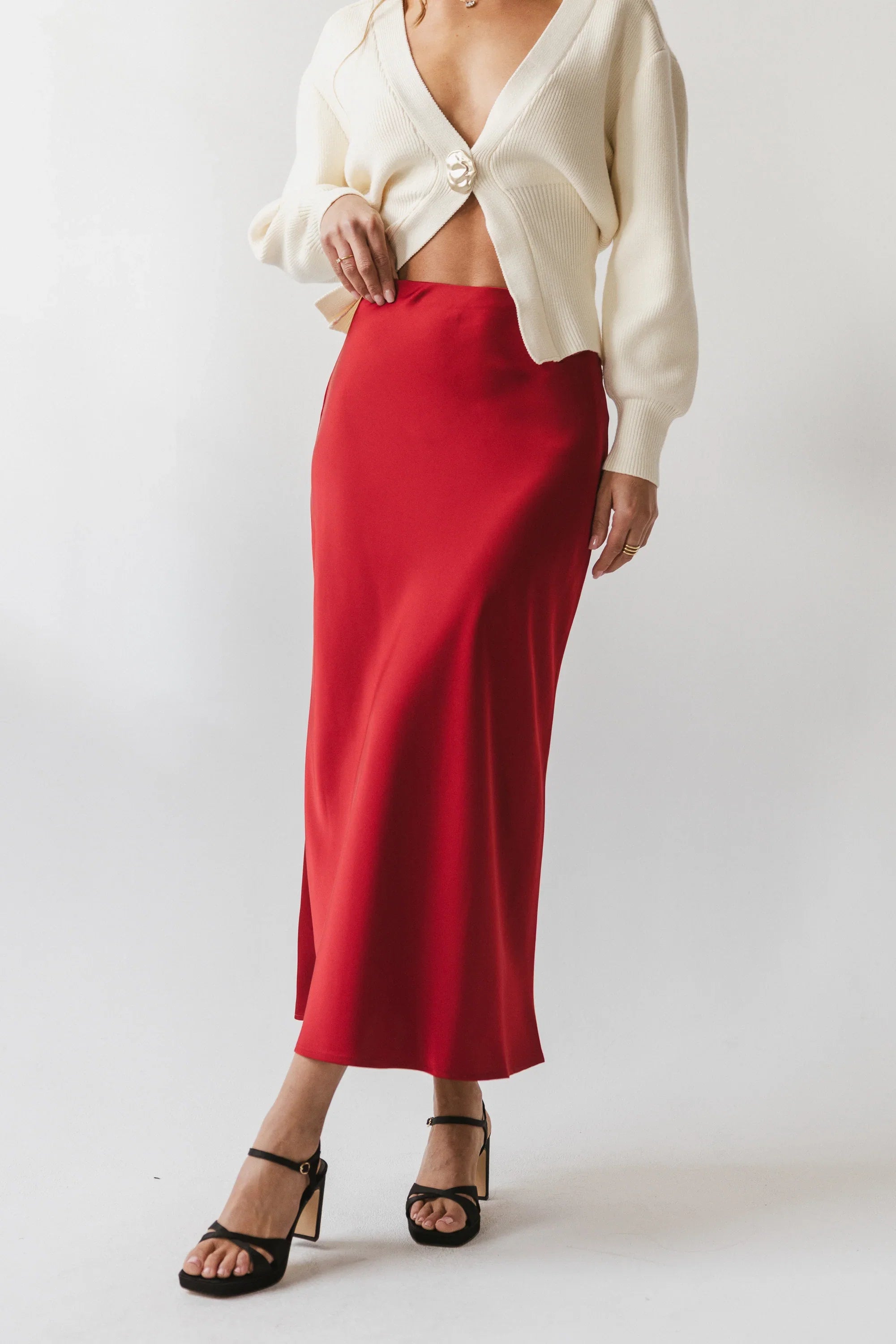 Tory Satin Maxi Skirt in Red Brown