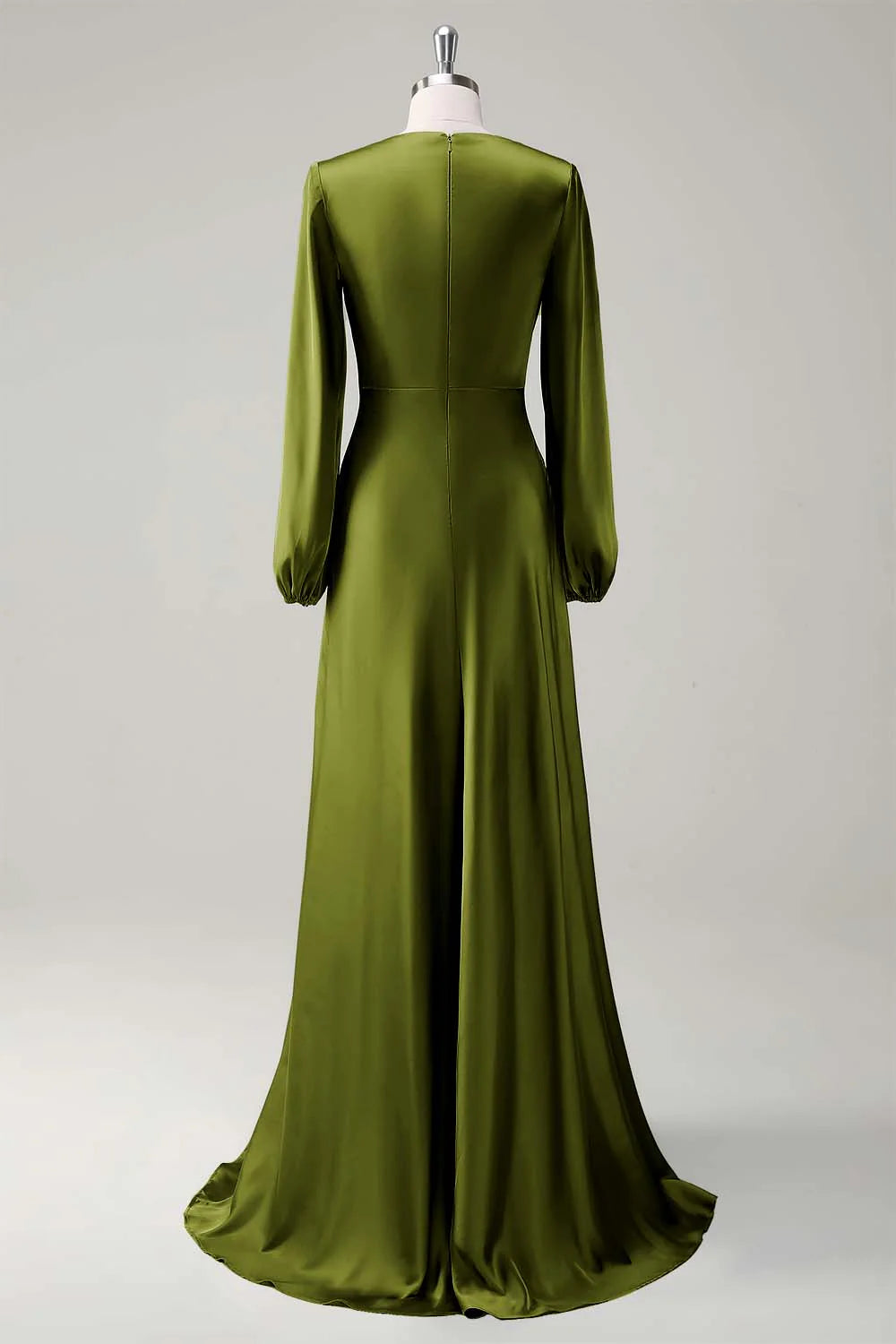 Agave A Line Round Neck Satin Long Bridesmaid Dress with Long Sleeves