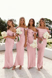 Off Shoulder Sheath Pleated Satin Sky Blue Long Bridesmaid Dress